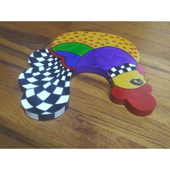 whimsical Rooster Figurine wood wall-hanging Multicolor & black white checkered - Picture 7 of 15